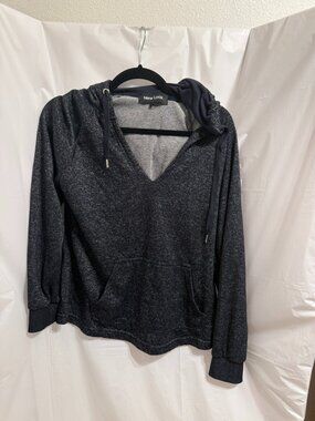 New Look Womens Navy Blue Speckled V-Neck Pullover Hoodie Sweatshirt Large